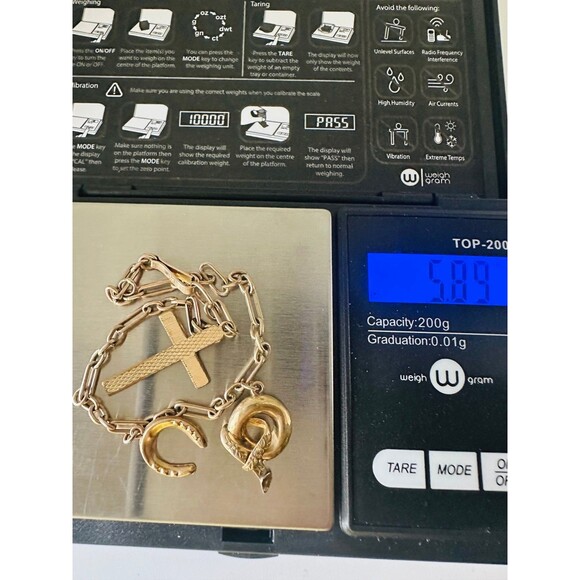 Antique 9ct 9k gold cross horse shoe interlock charm bracelet 7.5”